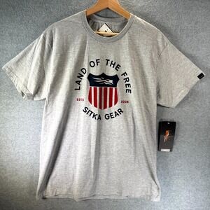 Sitka Gear Land Of The‎ Free T-Shirt Men's Large Heather Gray Crew Neck Pullover